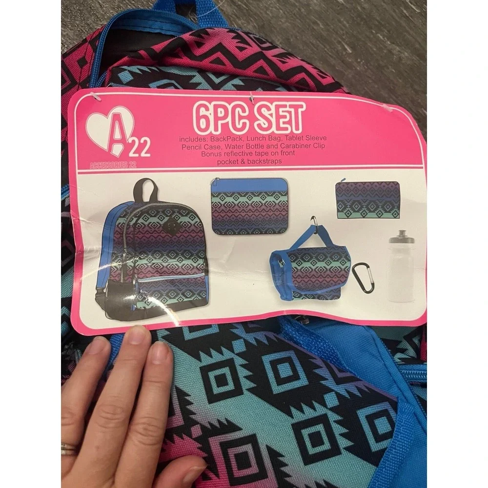 Aztec Print Backpack 6 Piece Set NWT Pink Blue Lunch Bag Water Bottle